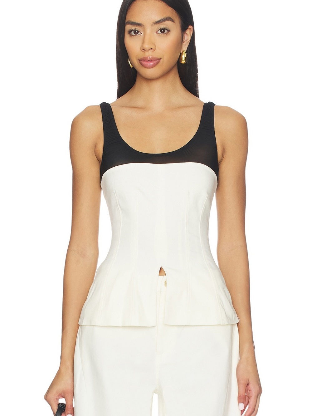 WeWoreWhat Corset Top in Ivory and Black Mesh Neckline